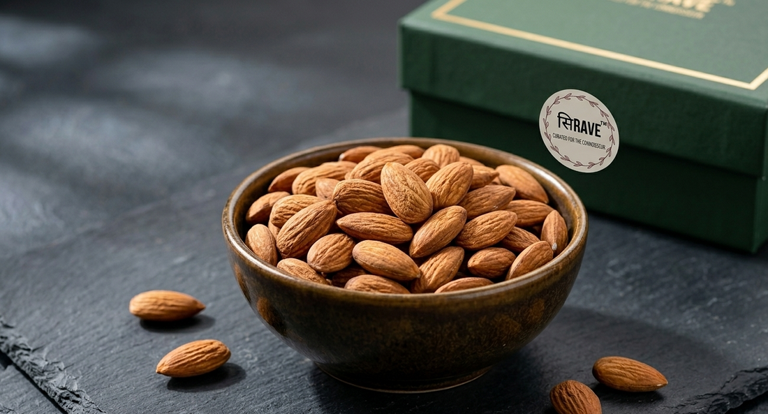 Sirave Premium Californian Almonds in premium packaging with fresh crunchy almonds for healthy snacking and gifting