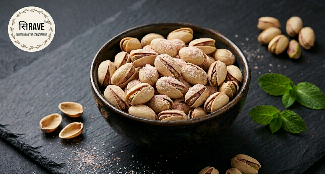 Sirave Premium Salted Pistachios in premium packaging with crunchy salted pistachios for healthy snacking and luxury gifting