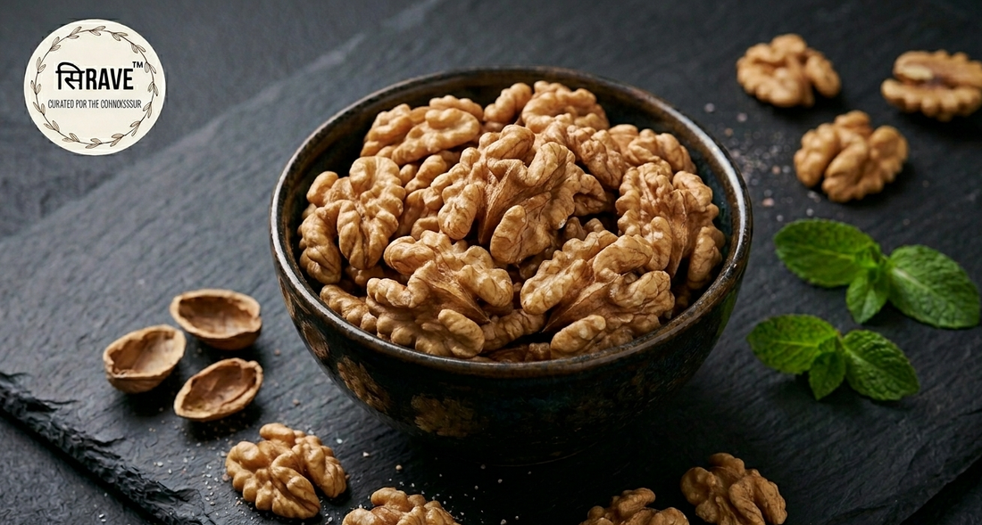 Sirave Premium Walnuts in luxury packaging with fresh walnut kernels for healthy snacking, baking, and gifting